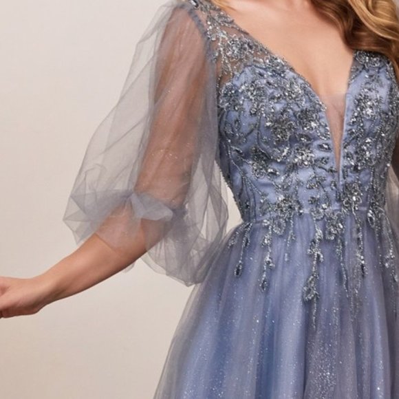 SMOKEY BLUE PROM PARTY PUFFY SLEEVES A-LINE GLITTER TULLE A-LINE DRESS CD0182 - Picture 5 of 6